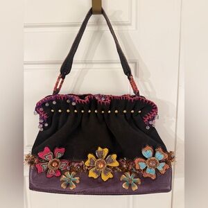 Mary Frances Floral Leather Embellished Black and Purple Women's Bag